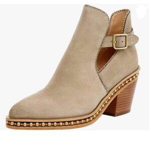 YDN Brown Studded Chunky Heeled Ankle Boot Almond Toe Buckle Strap Short Boot